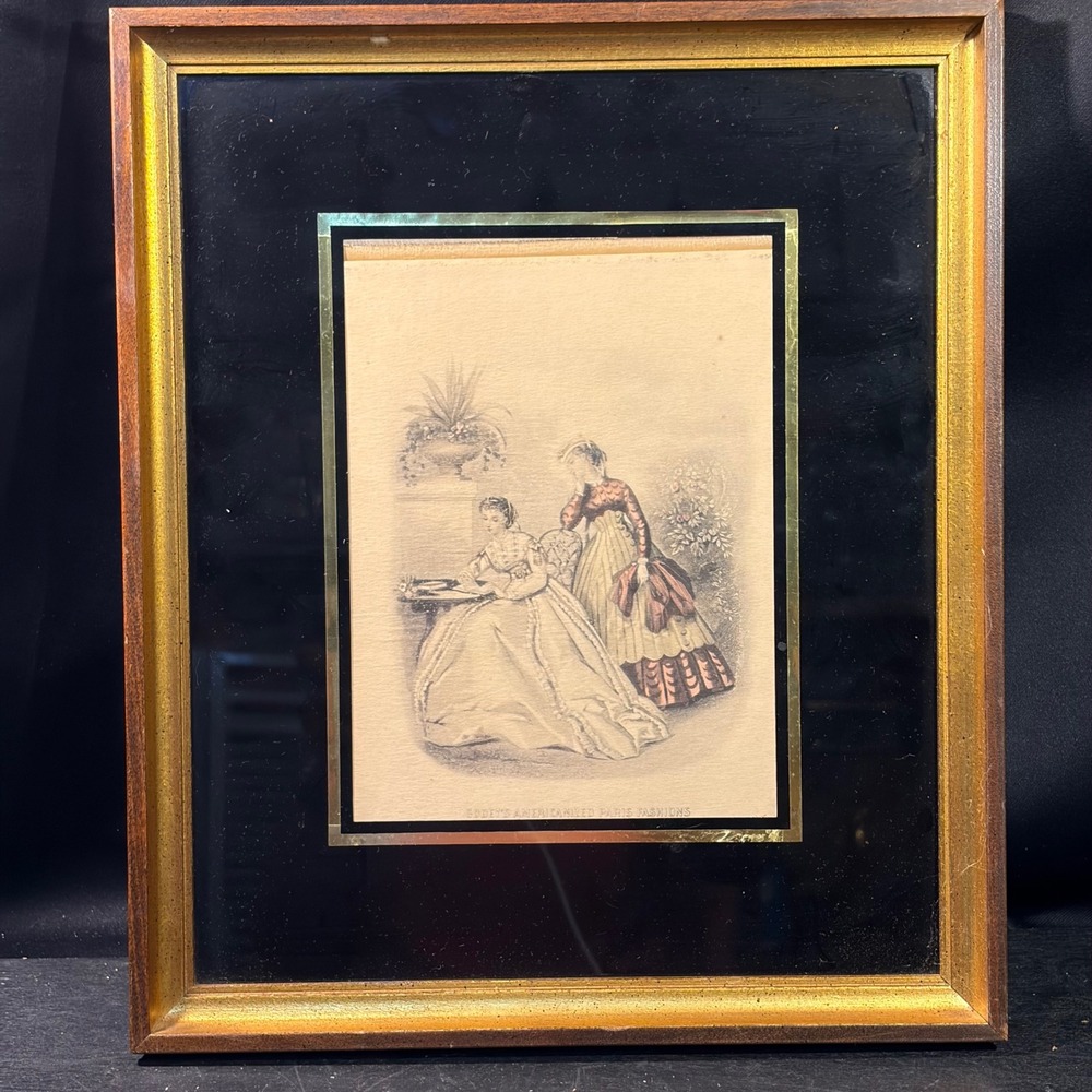 Vintage Godeys Americanized Paris Fashions Print Gilt Wood Frame Reliable #5301E